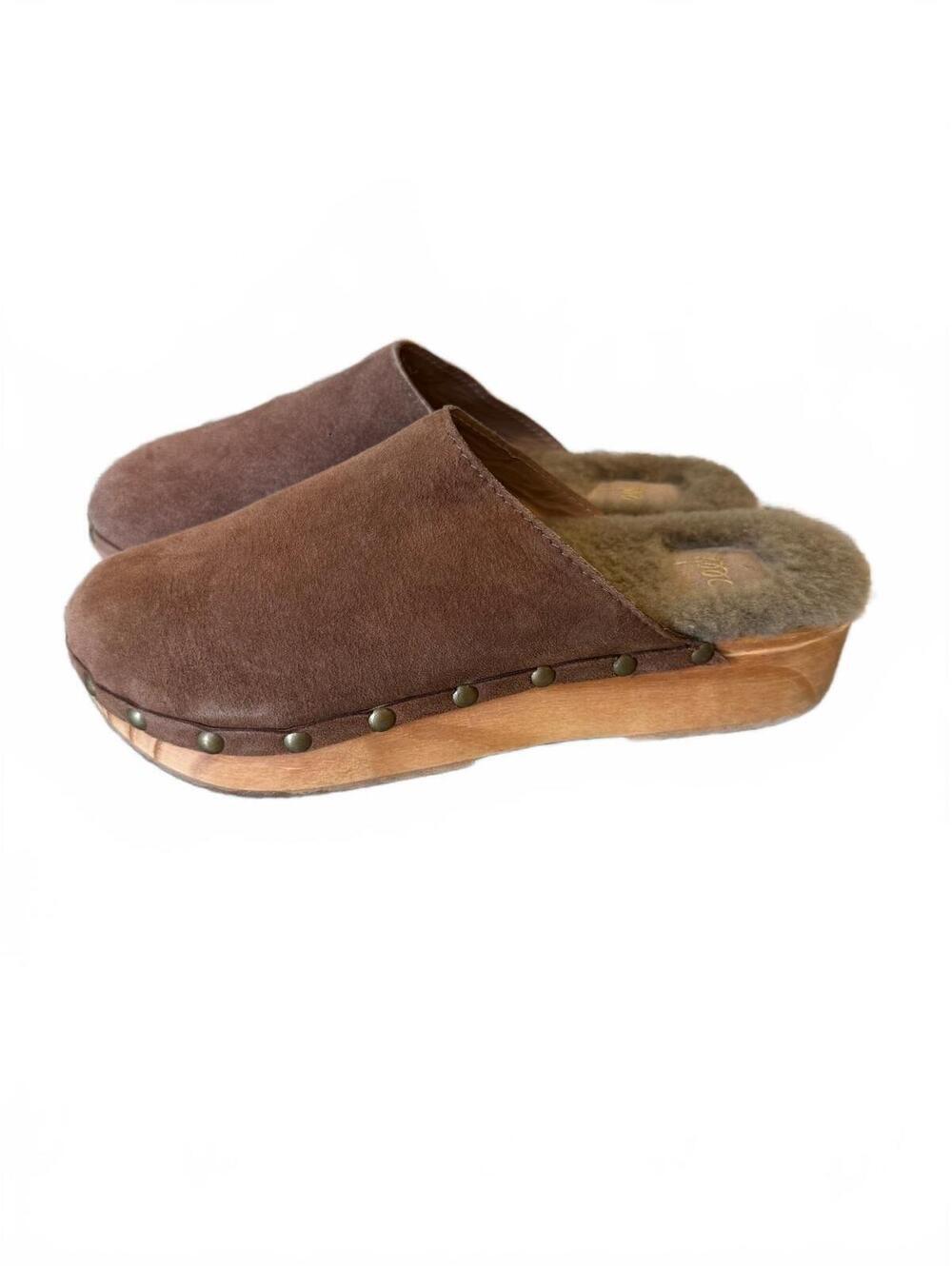 Beek Mallard Shearling & Suede Wooden Platform Clogs Brown Women's Size 9